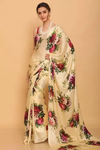 Cream satin printed saree