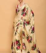 Cream satin printed saree