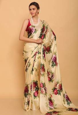 cream satin saree with red rose print design 2