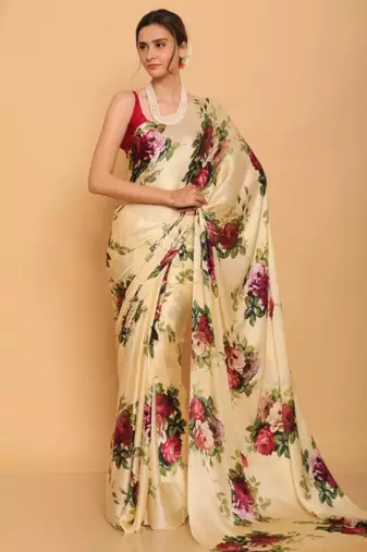 cream satin saree with red rose print design