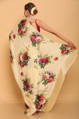 cream satin saree with red rose print design 3
