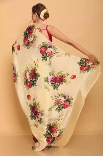 cream satin saree with red rose print design