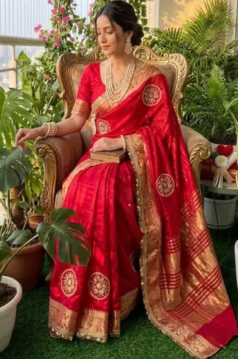Pink satin embroidered saree