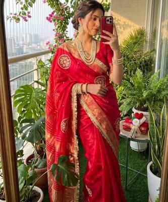 pink satin saree with printed pallu embroidery 2