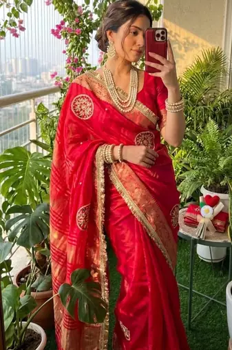 pink satin saree with printed pallu embroidery