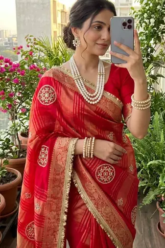 pink satin saree with printed pallu embroidery