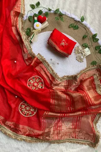pink satin saree with printed pallu embroidery