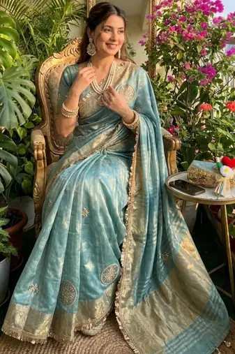Sky blue satin embroidered saree