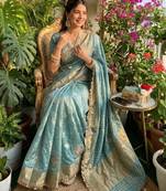 Sky blue satin embroidered saree