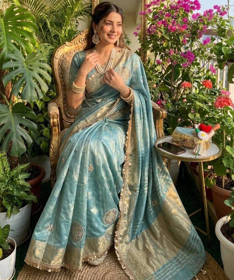 Sky blue satin embroidered saree
