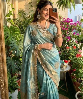 sky blue satin saree with zari embroidered work 2