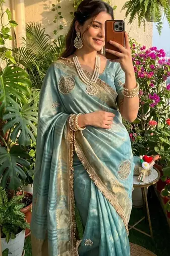 sky blue satin saree with zari embroidered work