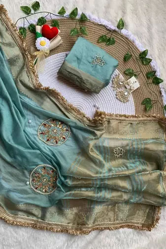 sky blue satin saree with zari embroidered work