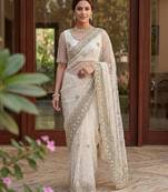 Off white net embroidered saree