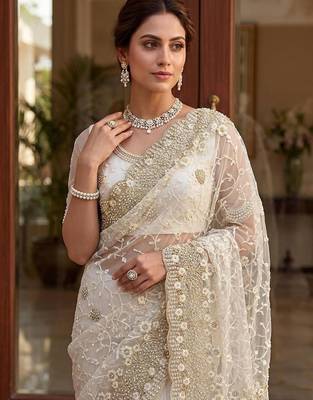 off white net saree with floral embroidery work 2