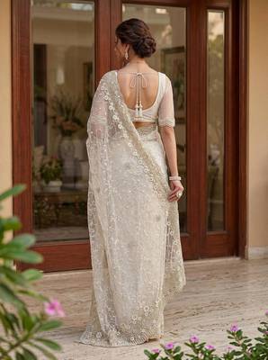 off white net saree with floral embroidery work 3