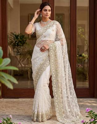 off white net saree with floral embroidery work 4