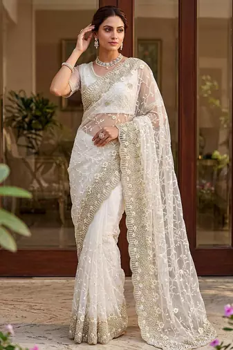 off white net saree with floral embroidery work