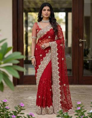 red net saree with gold thread embroidery work 1