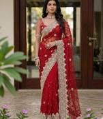 Red net embroidered saree