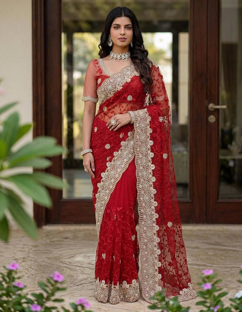 Red net embroidered saree