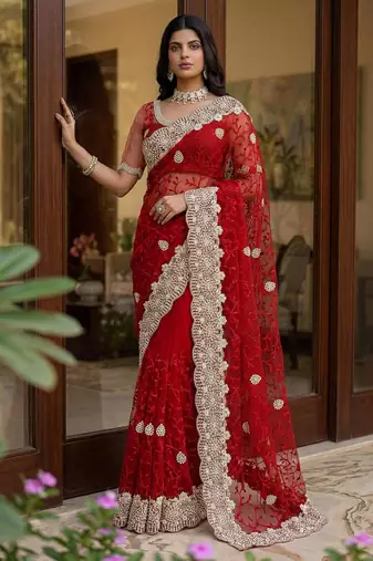 red net saree with gold thread embroidery work