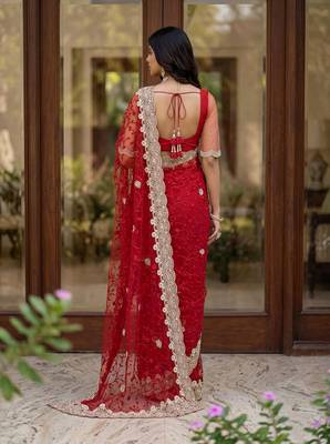 red net saree with gold thread embroidery work 3