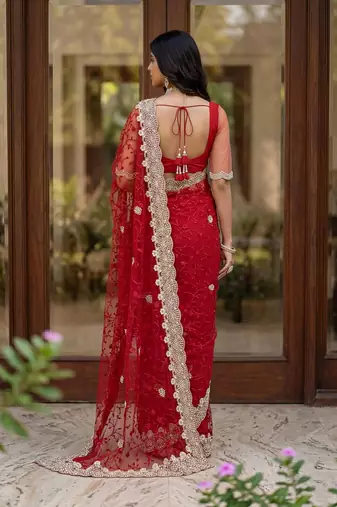 red net saree with gold thread embroidery work