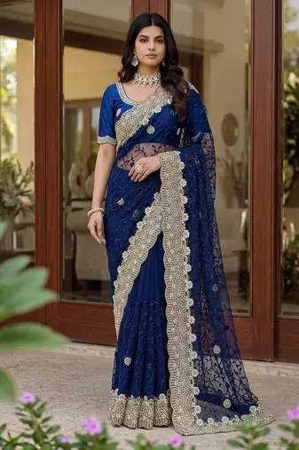 Blue net embroidered saree