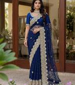 Blue net embroidered saree