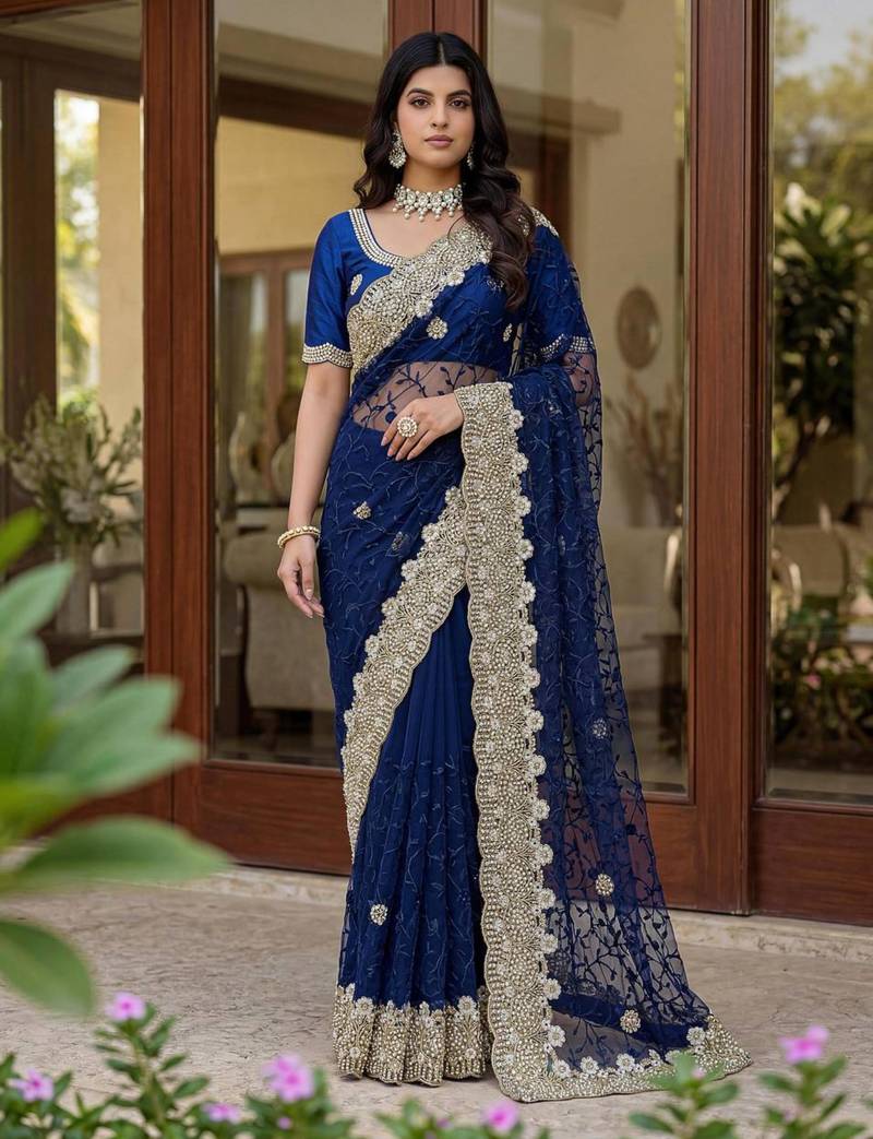 Blue net embroidered saree