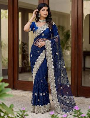blue net saree with silver floral embroidery 2