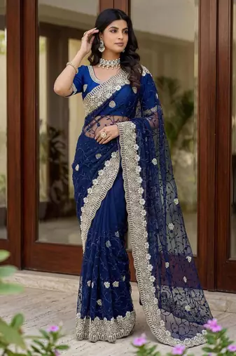 blue net saree with silver floral embroidery