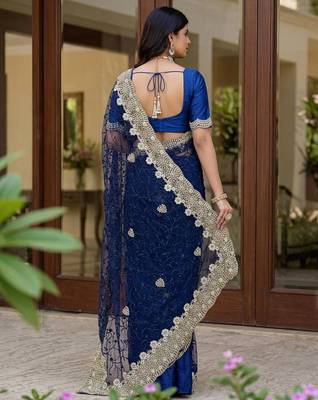 blue net saree with silver floral embroidery 3