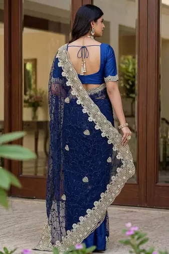 blue net saree with silver floral embroidery