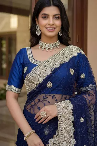 blue net saree with silver floral embroidery