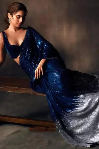 blue georgette saree with sequin embroidery work