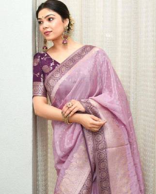 purple silk blend saree with floral zari print work 1