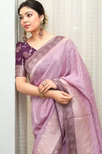 Purple silk blend printed saree