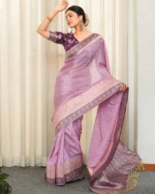 purple silk blend saree with floral zari print work 2