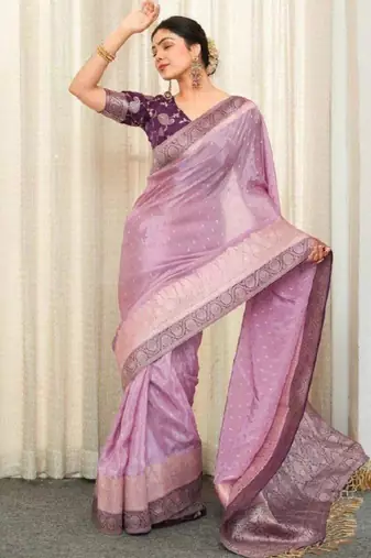 purple silk blend saree with floral zari print work