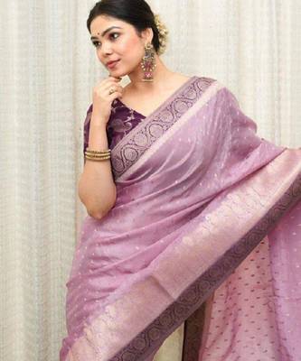 purple silk blend saree with floral zari print work 3