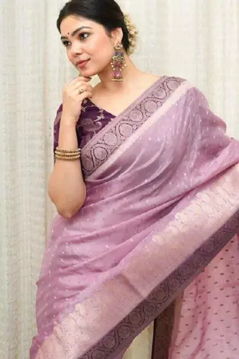 purple silk blend saree with floral zari print work