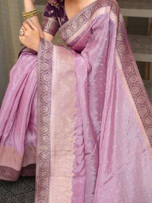 purple silk blend saree with floral zari print work 4