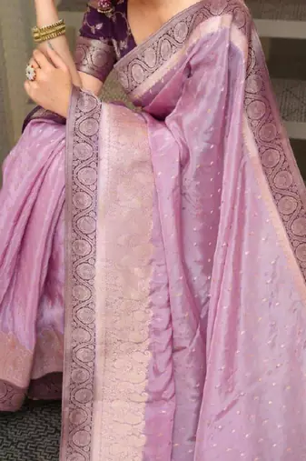 purple silk blend saree with floral zari print work