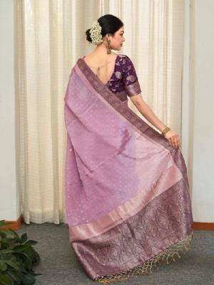 purple silk blend saree with floral zari print work 5