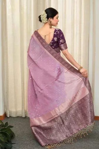 purple silk blend saree with floral zari print work