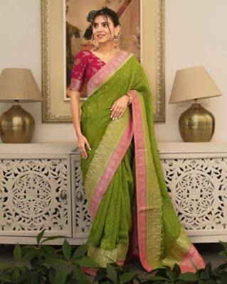 olive silk blend saree with printed zari border work 1