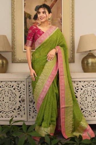 Olive silk blend printed saree