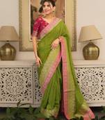 Olive silk blend printed saree
